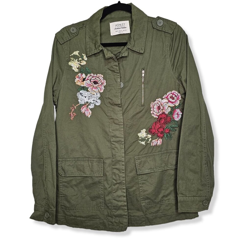⚡️Ashley 26 Cotton Jacket S Army Green Floral Embroidered Boho Bohemian Hippie